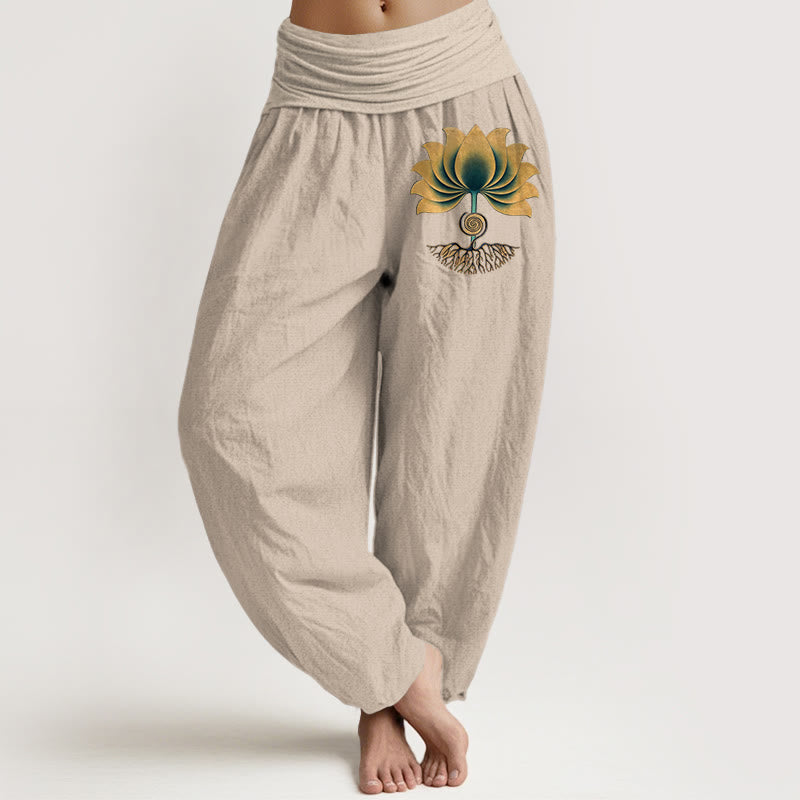 Buddha Stones Pantalon harem pour femme en pur coton, à taille élastique et motif lotus, aux couleurs harmonieuses. - Tanné - US16，UK/AU20，EU48 (3XL) - image 11