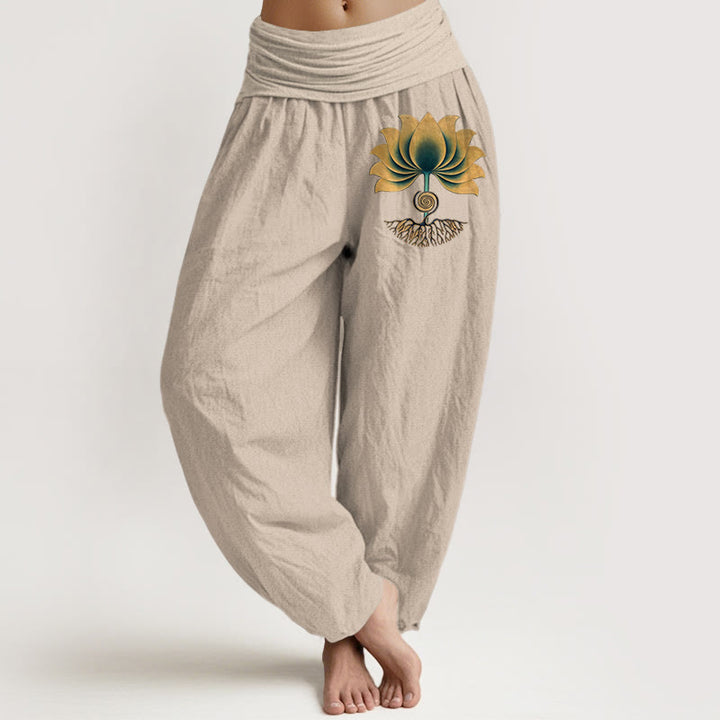 Buddha Stones Pantalon harem pour femme en pur coton, à taille élastique et motif lotus, aux couleurs harmonieuses. - Tanné - US16，UK/AU20，EU48 (3XL) - image 11