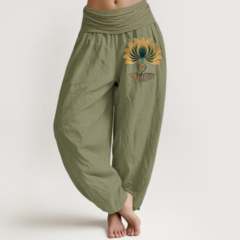 Buddha Stones Pantalon harem pour femme en pur coton, à taille élastique et motif lotus, aux couleurs harmonieuses. - Vert olive - US16，UK/AU20，EU48 (3XL) - image 14