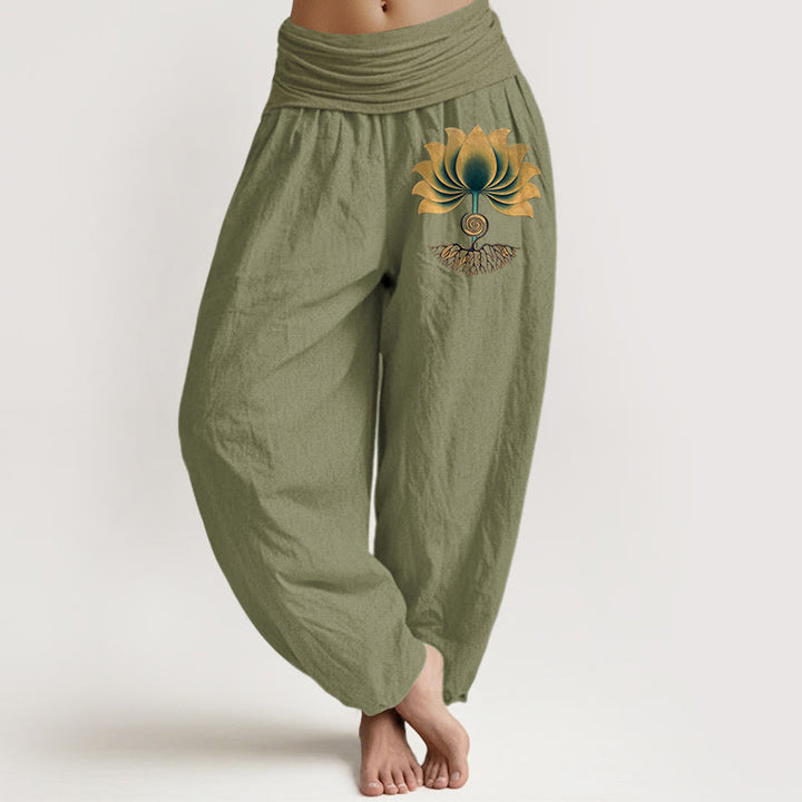 Buddha Stones Pantalon harem pour femme en pur coton, à taille élastique et motif lotus, aux couleurs harmonieuses. - Vert olive - US16，UK/AU20，EU48 (3XL) - image 14