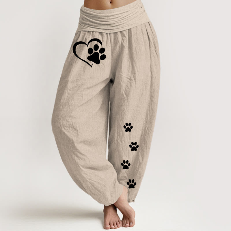 Buddha Stones Pantalon harem femme en pur coton, motif minimaliste pattes de chat et cœur, taille élastique - Tanné - US16，UK/AU20，EU48 (3XL) - image 0