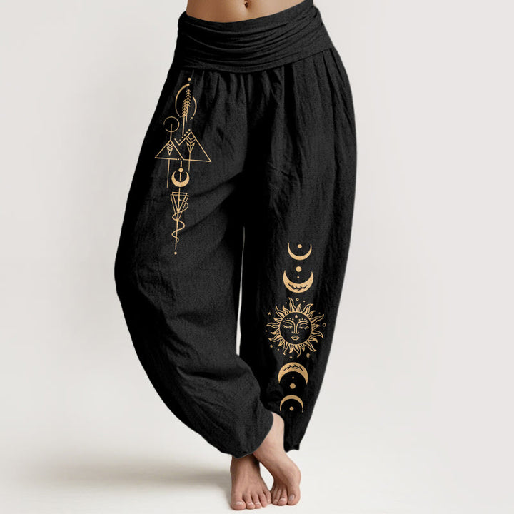 Buddha Stones Pantalon harem femme en pur coton à taille élastique, motif géométrique soleil et lune. - Noir - US16，UK/AU20，EU48 (3XL) - image 0