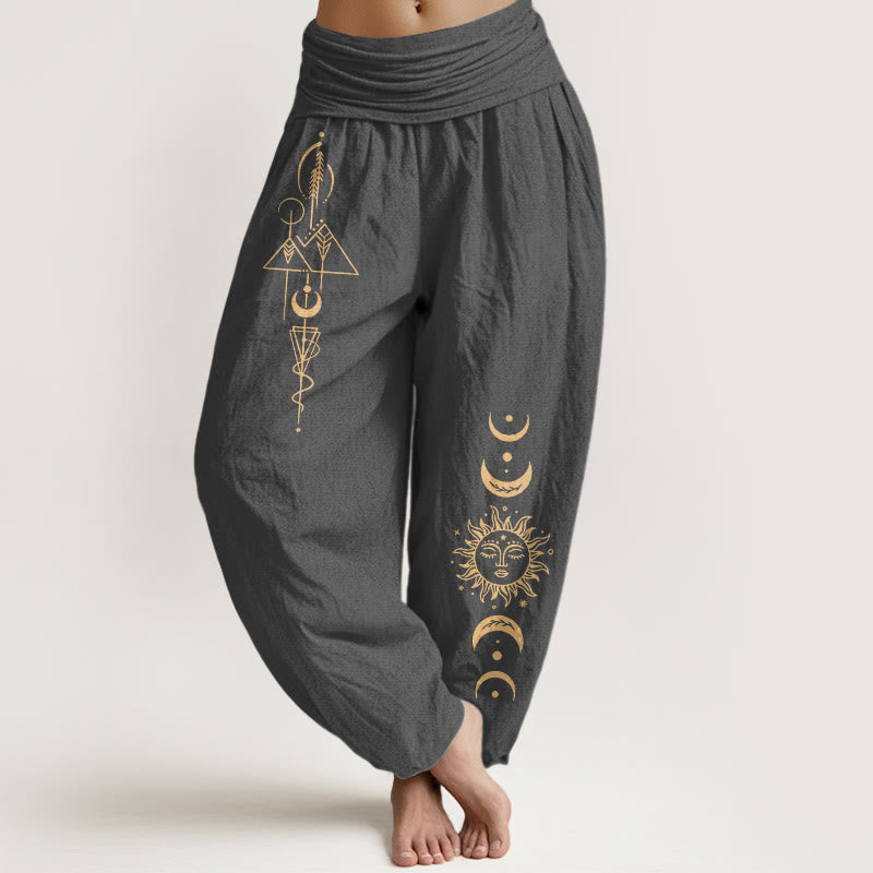 Buddha Stones Pantalon harem femme en pur coton à taille élastique, motif géométrique soleil et lune. - Gris sombre - US16，UK/AU20，EU48 (3XL) - image 8