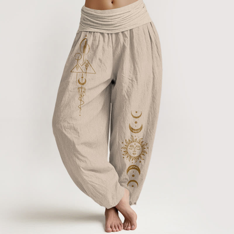 Buddha Stones Pantalon harem femme en pur coton à taille élastique, motif géométrique soleil et lune. - Tanné - US16，UK/AU20，EU48 (3XL) - image 11