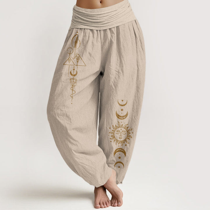 Buddha Stones Pantalon harem femme en pur coton à taille élastique, motif géométrique soleil et lune. - Tanné - US16，UK/AU20，EU48 (3XL) - image 11