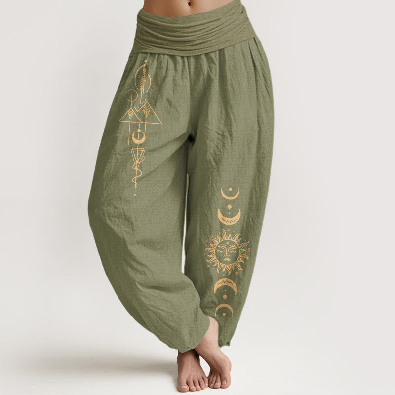 Buddha Stones Pantalon harem femme en pur coton à taille élastique, motif géométrique soleil et lune. - Vert olive - US16，UK/AU20，EU48 (3XL) - image 14