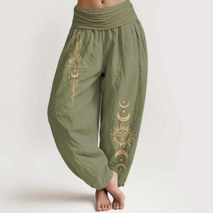 Buddha Stones Pantalon harem femme en pur coton à taille élastique, motif géométrique soleil et lune. - Vert olive - US16，UK/AU20，EU48 (3XL) - image 14