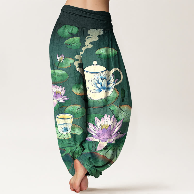 Buddha Stones Pantalon harem à taille élastique pour femme, en pur coton, motif théière et feuille de lotus. - image 1
