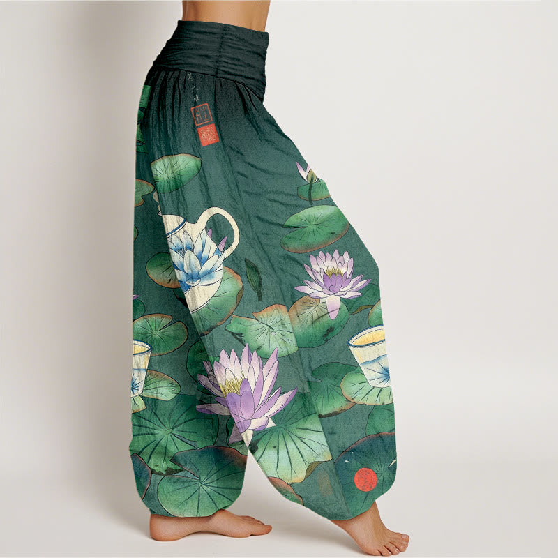 Buddha Stones Pantalon harem à taille élastique pour femme, en pur coton, motif théière et feuille de lotus. - image 2