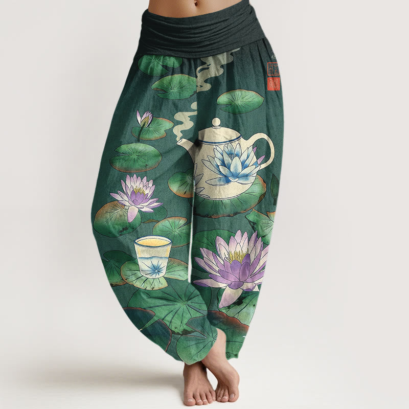 Buddha Stones Pantalon harem à taille élastique pour femme, en pur coton, motif théière et feuille de lotus. - Vert d'eau - US16，UK/AU20，EU48 (3XL) - image 0