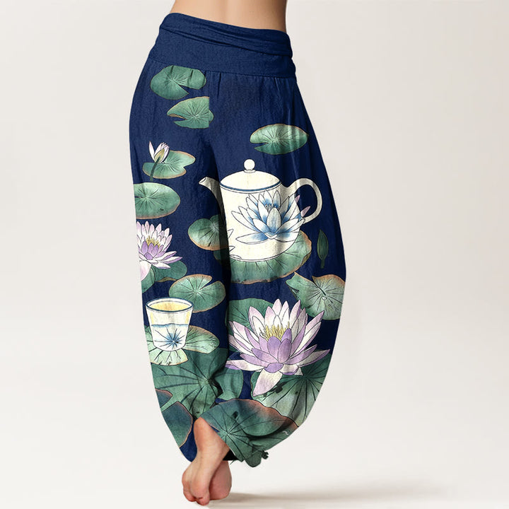 Buddha Stones Pantalon harem à taille élastique pour femme, en pur coton, motif théière et feuille de lotus. - image 6
