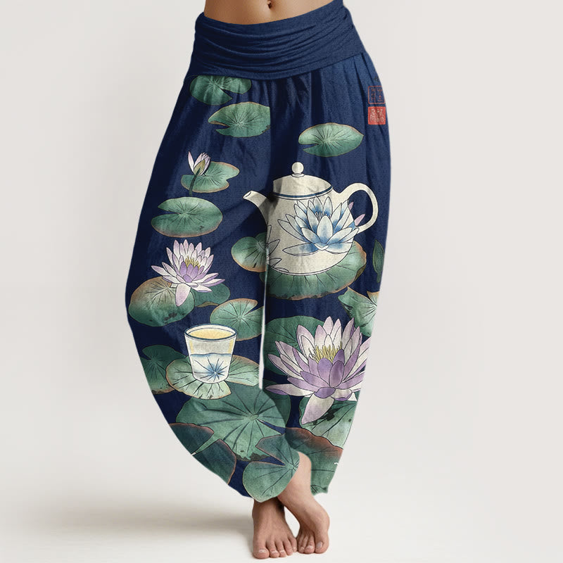 Buddha Stones Pantalon harem à taille élastique pour femme, en pur coton, motif théière et feuille de lotus. - Bleu foncé - US16，UK/AU20，EU48 (3XL) - image 5