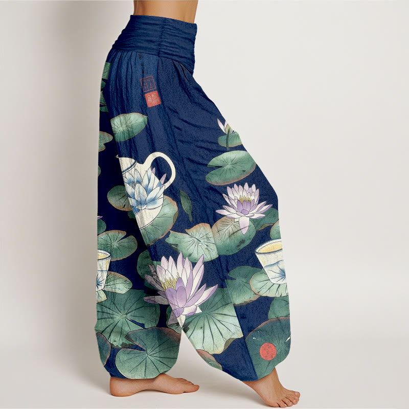 Buddha Stones Pantalon harem à taille élastique pour femme, en pur coton, motif théière et feuille de lotus. - image 7