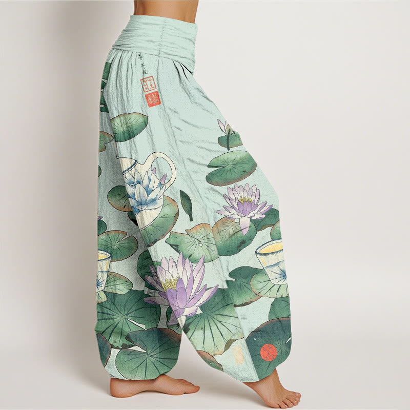 Buddha Stones Pantalon harem à taille élastique pour femme, en pur coton, motif théière et feuille de lotus. - image 10