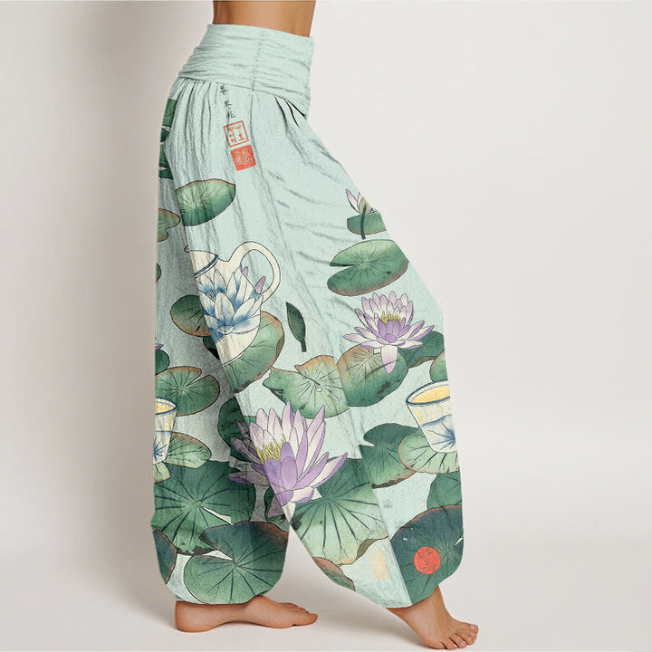 Buddha Stones Pantalon harem à taille élastique pour femme, en pur coton, motif théière et feuille de lotus. - image 10