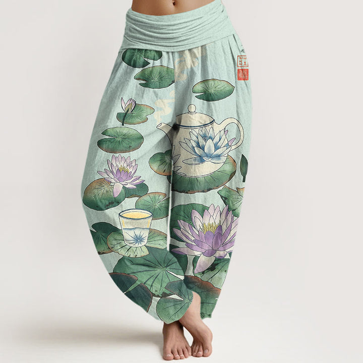 Buddha Stones Pantalon harem à taille élastique pour femme, en pur coton, motif théière et feuille de lotus. - Cyan clair - US16，UK/AU20，EU48 (3XL) - image 8