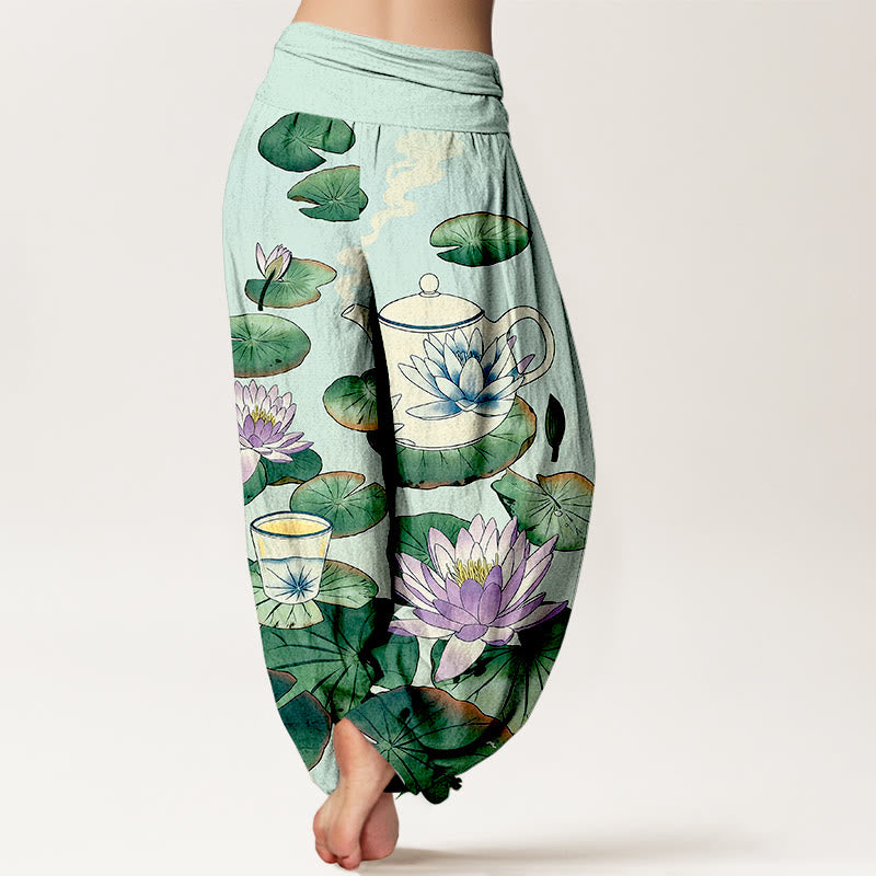 Buddha Stones Pantalon harem à taille élastique pour femme, en pur coton, motif théière et feuille de lotus. - image 9