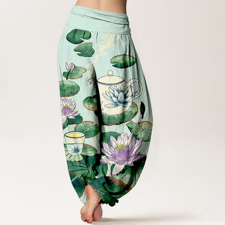 Buddha Stones Pantalon harem à taille élastique pour femme, en pur coton, motif théière et feuille de lotus. - image 9