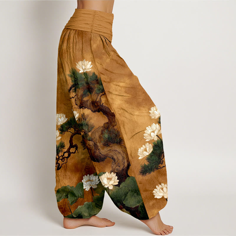 Buddha Stones Pantalon harem pour femme en pur coton, élégant, à taille élastique, motif pin, fleur de lotus et feuille. - image 2