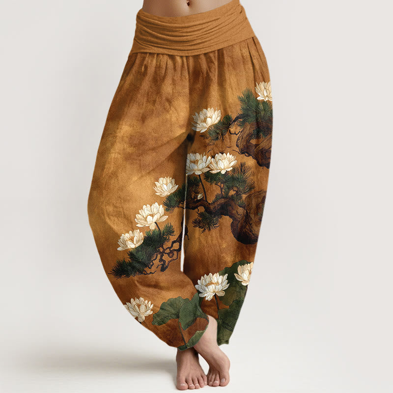 Buddha Stones Pantalon harem pour femme en pur coton, élégant, à taille élastique, motif pin, fleur de lotus et feuille. - verge d'or - US16，UK/AU20，EU48 (3XL) - image 0
