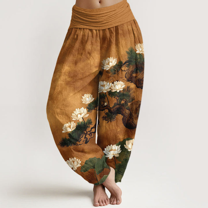 Buddha Stones Pantalon harem pour femme en pur coton, élégant, à taille élastique, motif pin, fleur de lotus et feuille. - verge d'or - US16，UK/AU20，EU48 (3XL) - image 0