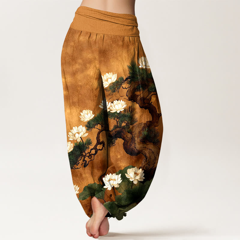 Buddha Stones Pantalon harem pour femme en pur coton, élégant, à taille élastique, motif pin, fleur de lotus et feuille. - image 1