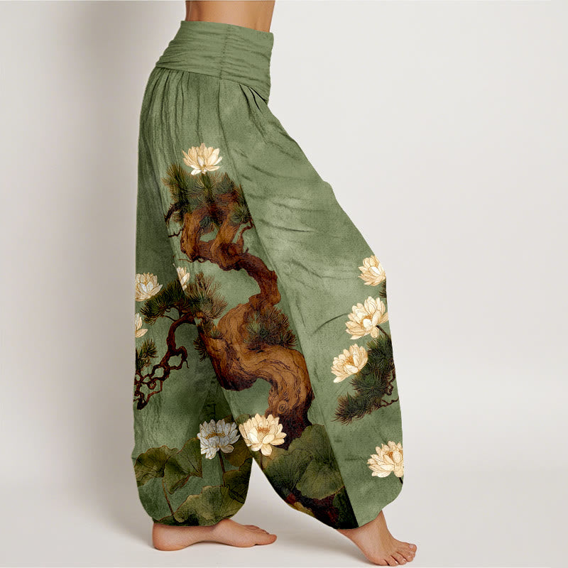 Buddha Stones Pantalon harem pour femme en pur coton, élégant, à taille élastique, motif pin, fleur de lotus et feuille. - image 7