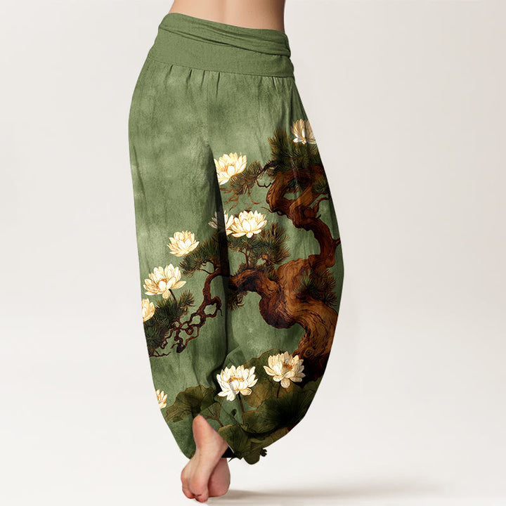 Buddha Stones Pantalon harem pour femme en pur coton, élégant, à taille élastique, motif pin, fleur de lotus et feuille. - image 6