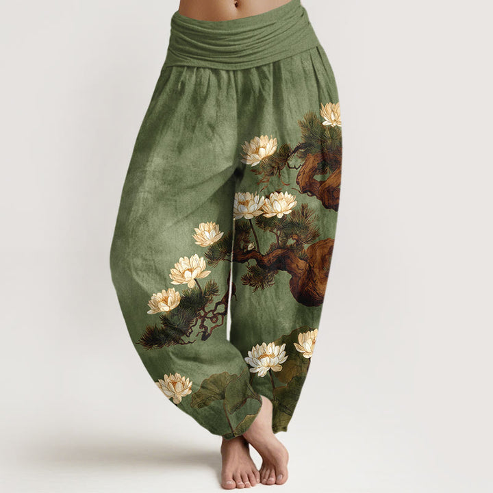 Buddha Stones Pantalon harem pour femme en pur coton, élégant, à taille élastique, motif pin, fleur de lotus et feuille. - Vert olive - US16，UK/AU20，EU48 (3XL) - image 5