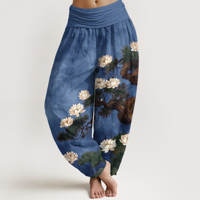 Buddha Stones Pantalon harem pour femme en pur coton, élégant, à taille élastique, motif pin, fleur de lotus et feuille. - Bleu royal - US16，UK/AU20，EU48 (3XL) - image 8