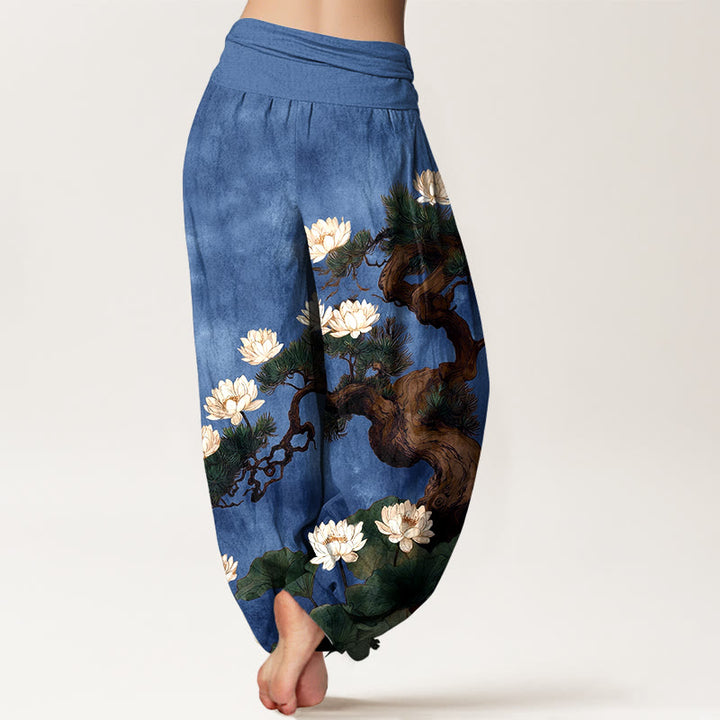 Buddha Stones Pantalon harem pour femme en pur coton, élégant, à taille élastique, motif pin, fleur de lotus et feuille. - image 9