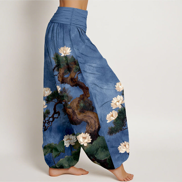 Buddha Stones Pantalon harem pour femme en pur coton, élégant, à taille élastique, motif pin, fleur de lotus et feuille. - image 10