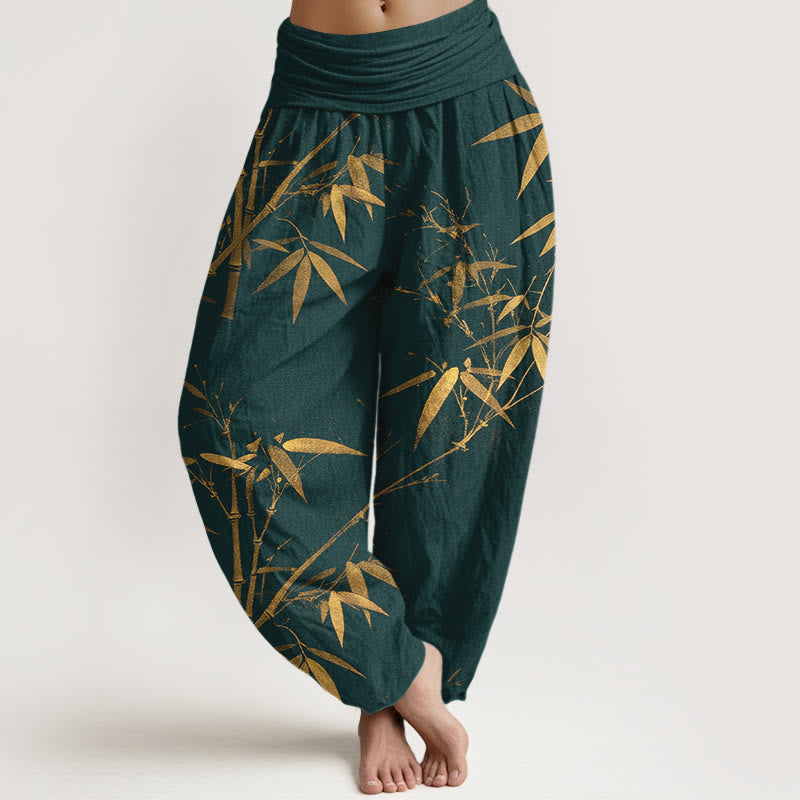 Buddha Stones Pantalon harem pour femme en pur coton, motif bambou classique, taille élastique - Sarcelle - US16，UK/AU20，EU48 (3XL) - image 0