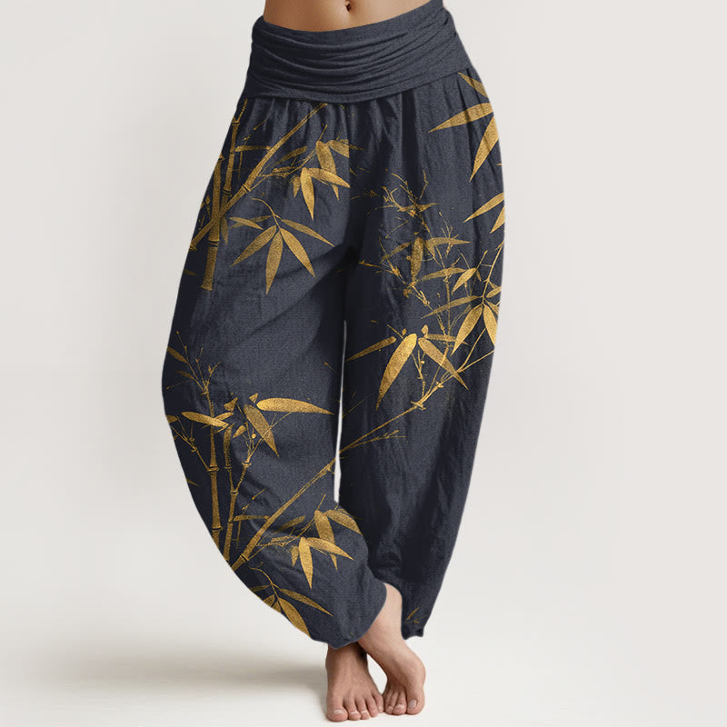 Buddha Stones Pantalon harem pour femme en pur coton, motif bambou classique, taille élastique - Bleu nuit - US16，UK/AU20，EU48 (3XL) - image 5