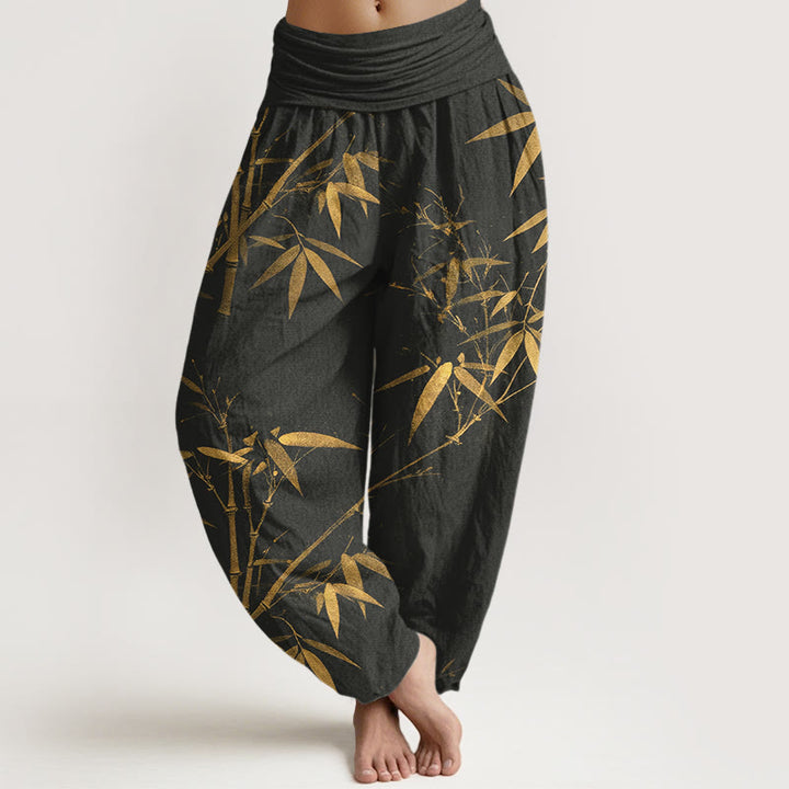 Buddha Stones Pantalon harem pour femme en pur coton, motif bambou classique, taille élastique - Noir - US16，UK/AU20，EU48 (3XL) - image 8