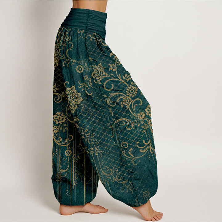 Buddha Stones Pantalon harem pour femme en pur coton, motif classique de fleurs, feuilles et vignes, taille élastique - image 2