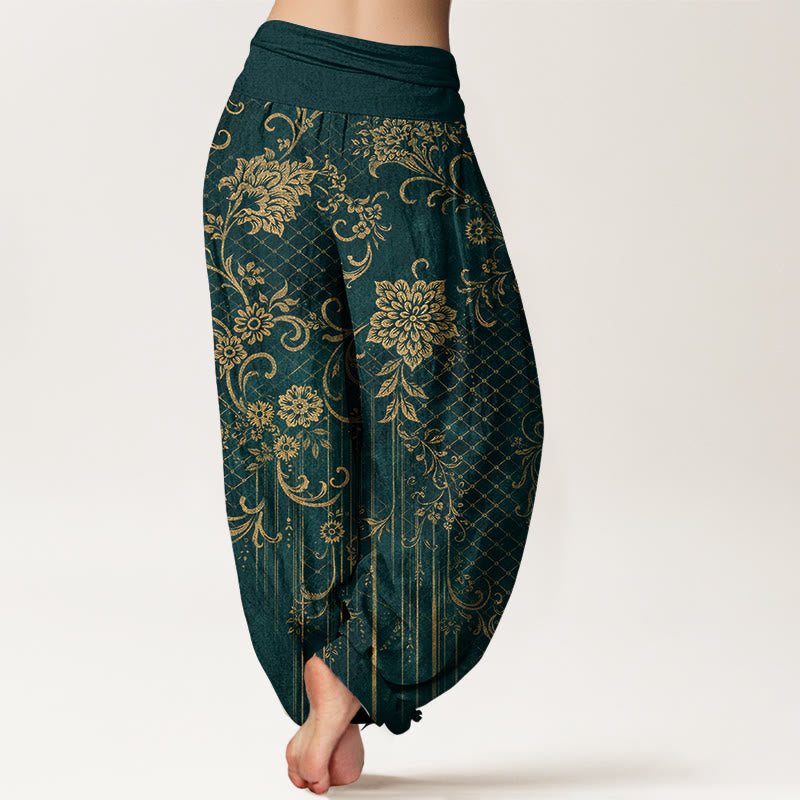 Buddha Stones Pantalon harem pour femme en pur coton, motif classique de fleurs, feuilles et vignes, taille élastique - image 1