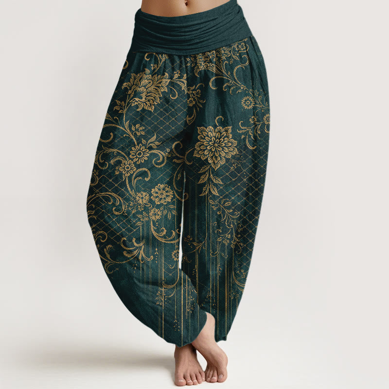 Buddha Stones Pantalon harem pour femme en pur coton, motif classique de fleurs, feuilles et vignes, taille élastique - Vert foncé - US16，UK/AU20，EU48 (3XL) - image 0