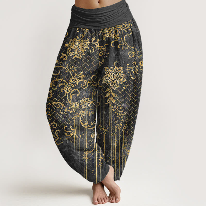 Buddha Stones Pantalon harem pour femme en pur coton, motif classique de fleurs, feuilles et vignes, taille élastique - Gris terne - US16，UK/AU20，EU48 (3XL) - image 5