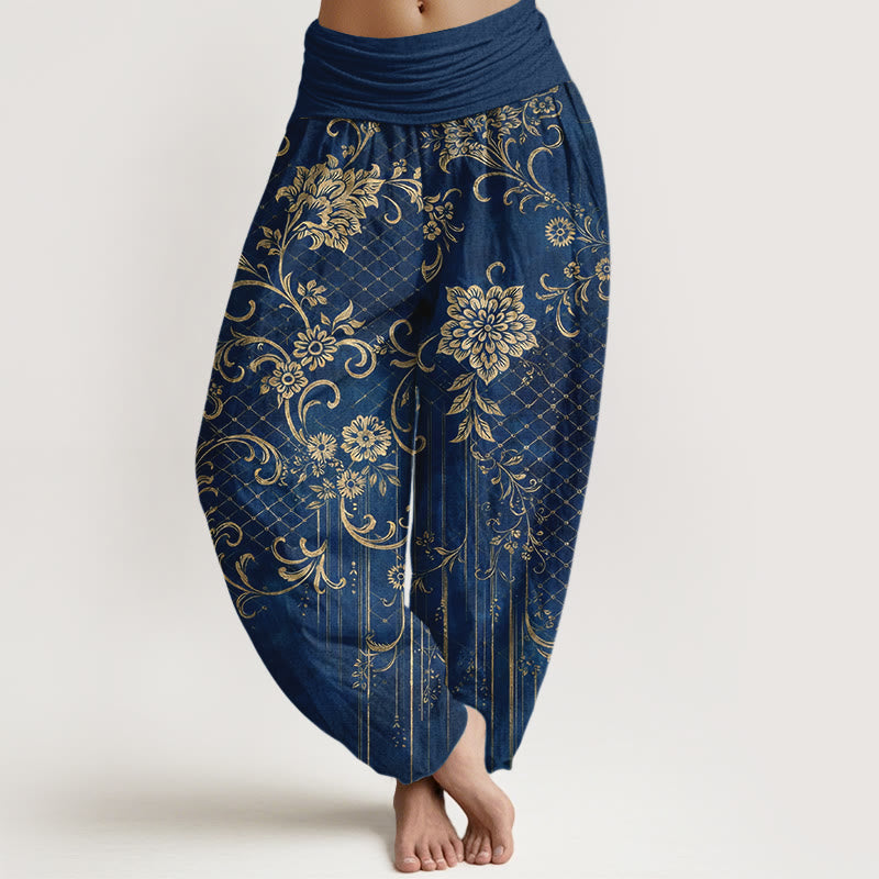 Buddha Stones Pantalon harem pour femme en pur coton, motif classique de fleurs, feuilles et vignes, taille élastique - Bleu foncé - US16，UK/AU20，EU48 (3XL) - image 8