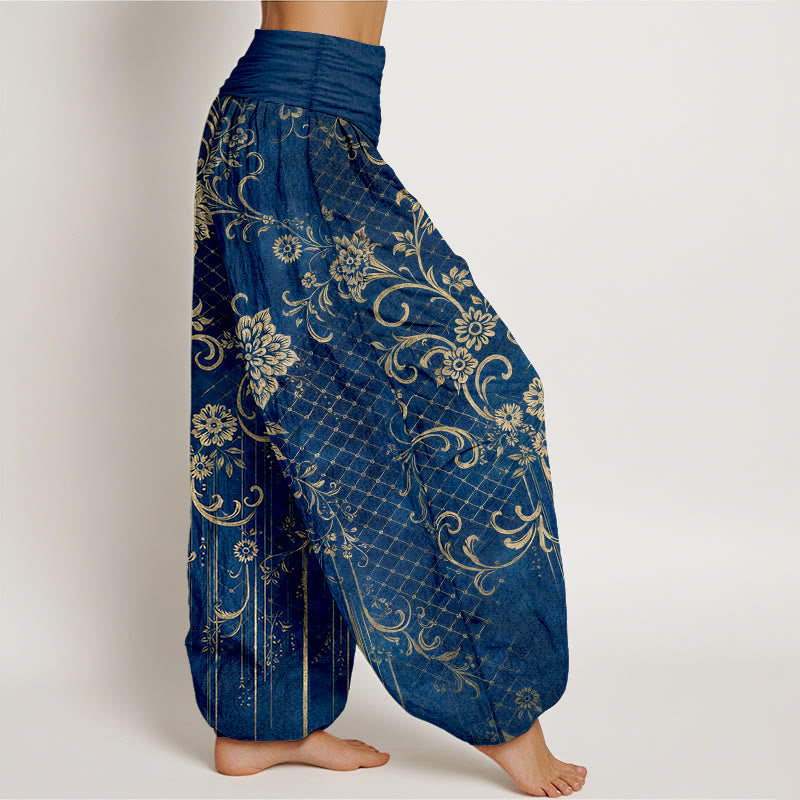 Buddha Stones Pantalon harem pour femme en pur coton, motif classique de fleurs, feuilles et vignes, taille élastique - image 10