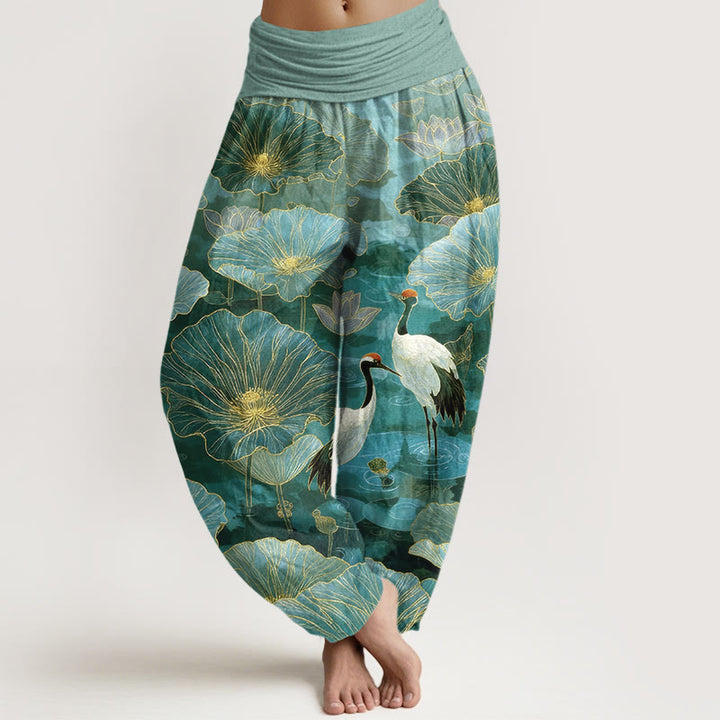 Buddha Stones Pantalon harem pour femme en pur coton, élégant, à taille élastique et motif de grue, fleur de lotus et feuille. - Aigue-marine moyenne - US16，UK/AU20，EU48 (3XL) - image 0