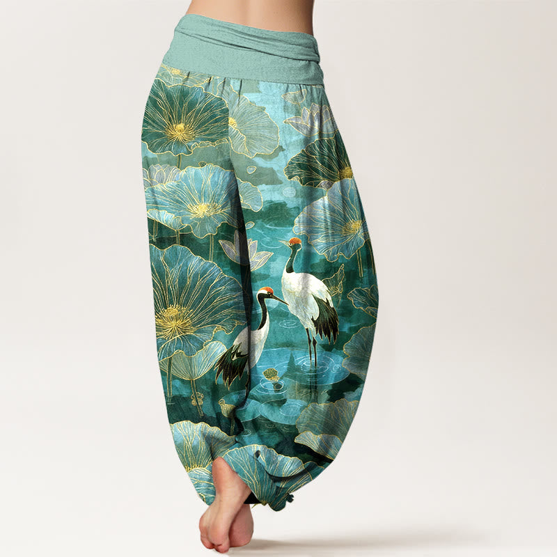 Buddha Stones Pantalon harem pour femme en pur coton, élégant, à taille élastique et motif de grue, fleur de lotus et feuille. - image 1