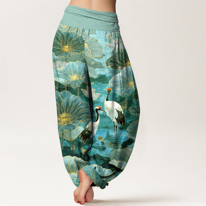 Buddha Stones Pantalon harem pour femme en pur coton, élégant, à taille élastique et motif de grue, fleur de lotus et feuille. - image 1