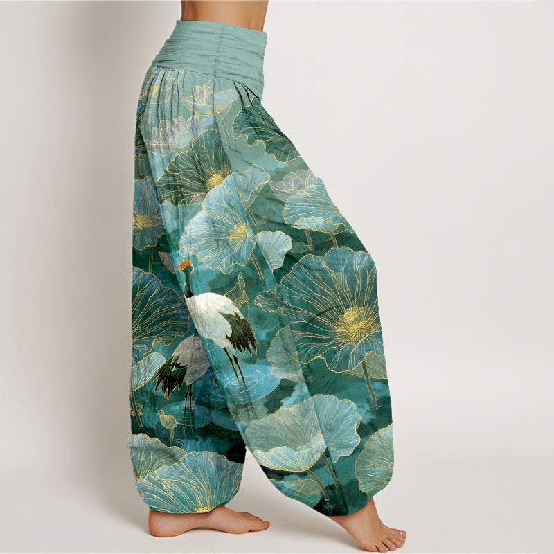 Buddha Stones Pantalon harem pour femme en pur coton, élégant, à taille élastique et motif de grue, fleur de lotus et feuille. - image 2
