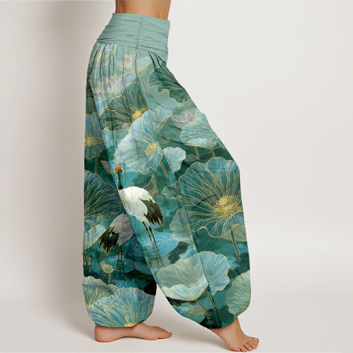 Buddha Stones Pantalon harem pour femme en pur coton, élégant, à taille élastique et motif de grue, fleur de lotus et feuille. - image 2