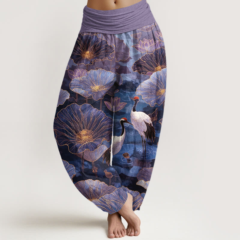 Buddha Stones Pantalon harem pour femme en pur coton, élégant, à taille élastique et motif de grue, fleur de lotus et feuille. - Violet moyen - US16，UK/AU20，EU48 (3XL) - image 5