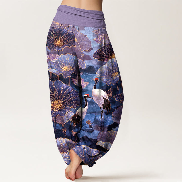Buddha Stones Pantalon harem pour femme en pur coton, élégant, à taille élastique et motif de grue, fleur de lotus et feuille. - image 6