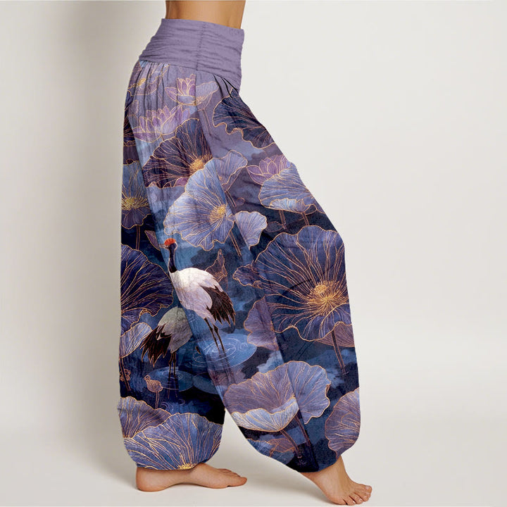 Buddha Stones Pantalon harem pour femme en pur coton, élégant, à taille élastique et motif de grue, fleur de lotus et feuille. - image 7