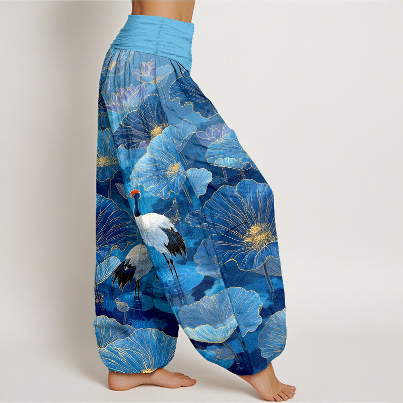 Buddha Stones Pantalon harem pour femme en pur coton, élégant, à taille élastique et motif de grue, fleur de lotus et feuille. - image 10